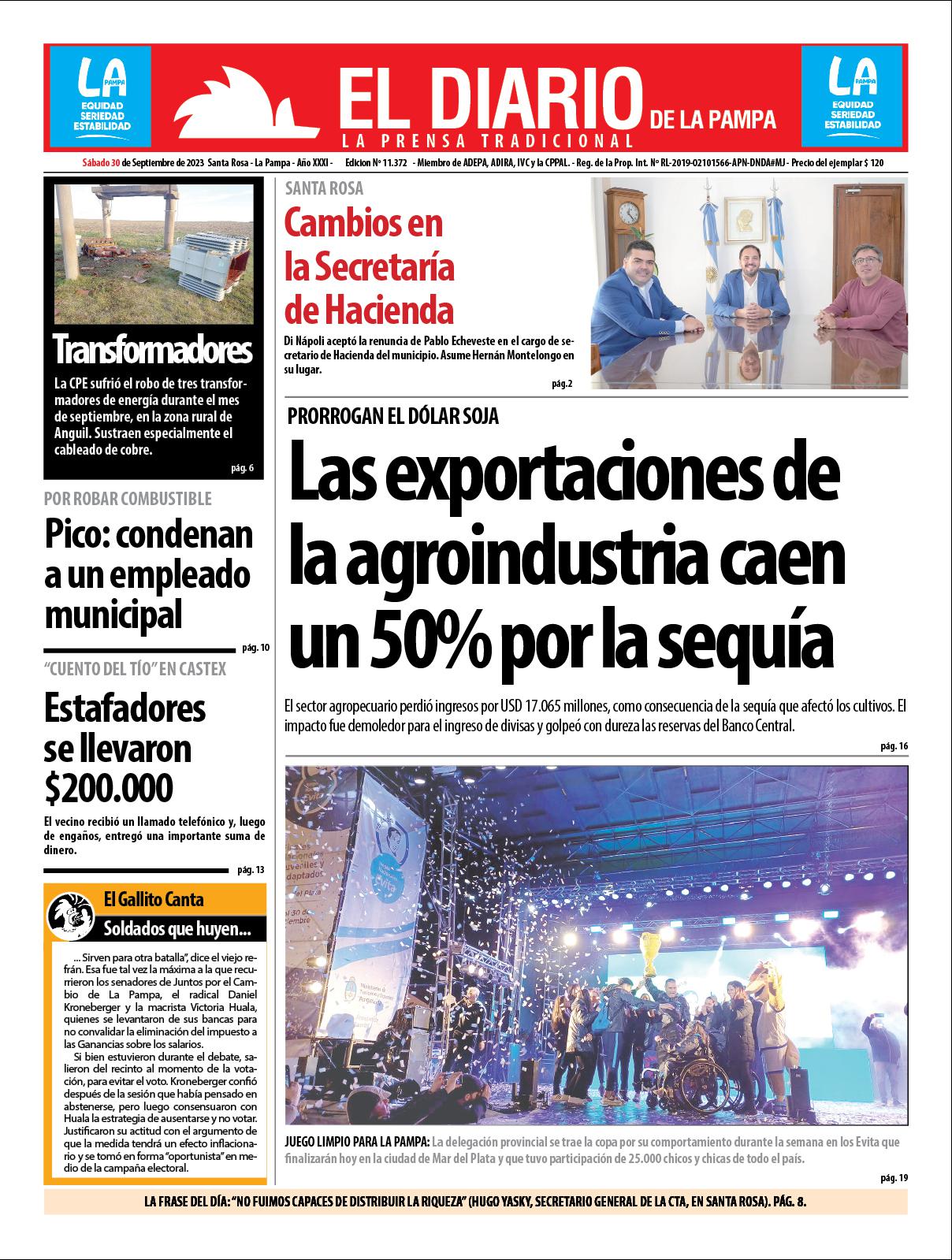Tapa de El Diario en papel  saacutebado 30 de septiembre de 2023